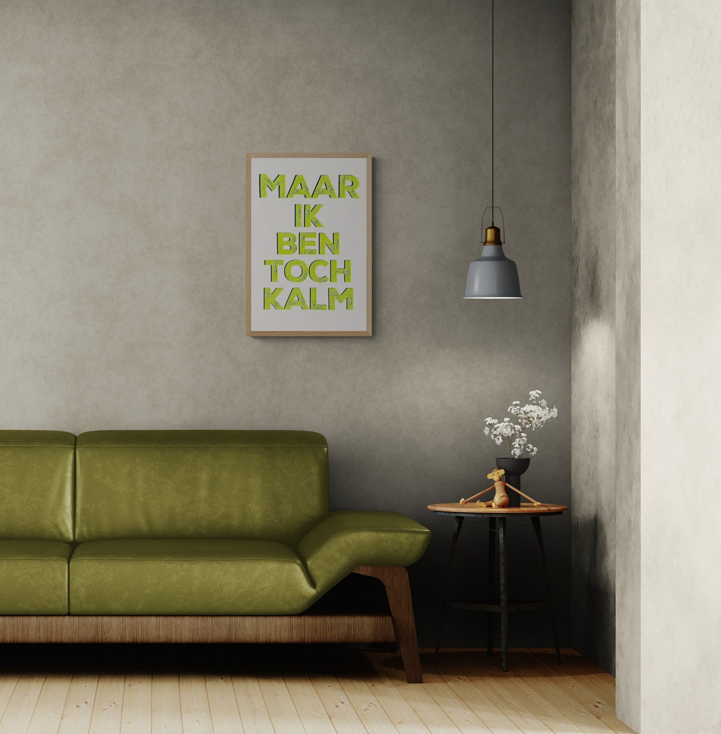 Hand-pulled A3 screen print reading “Maar Ik Ben Toch Kalm” in fluorescent yellow typography, printed with layered inks on white paper, contemporary Belgian graphic wall art.