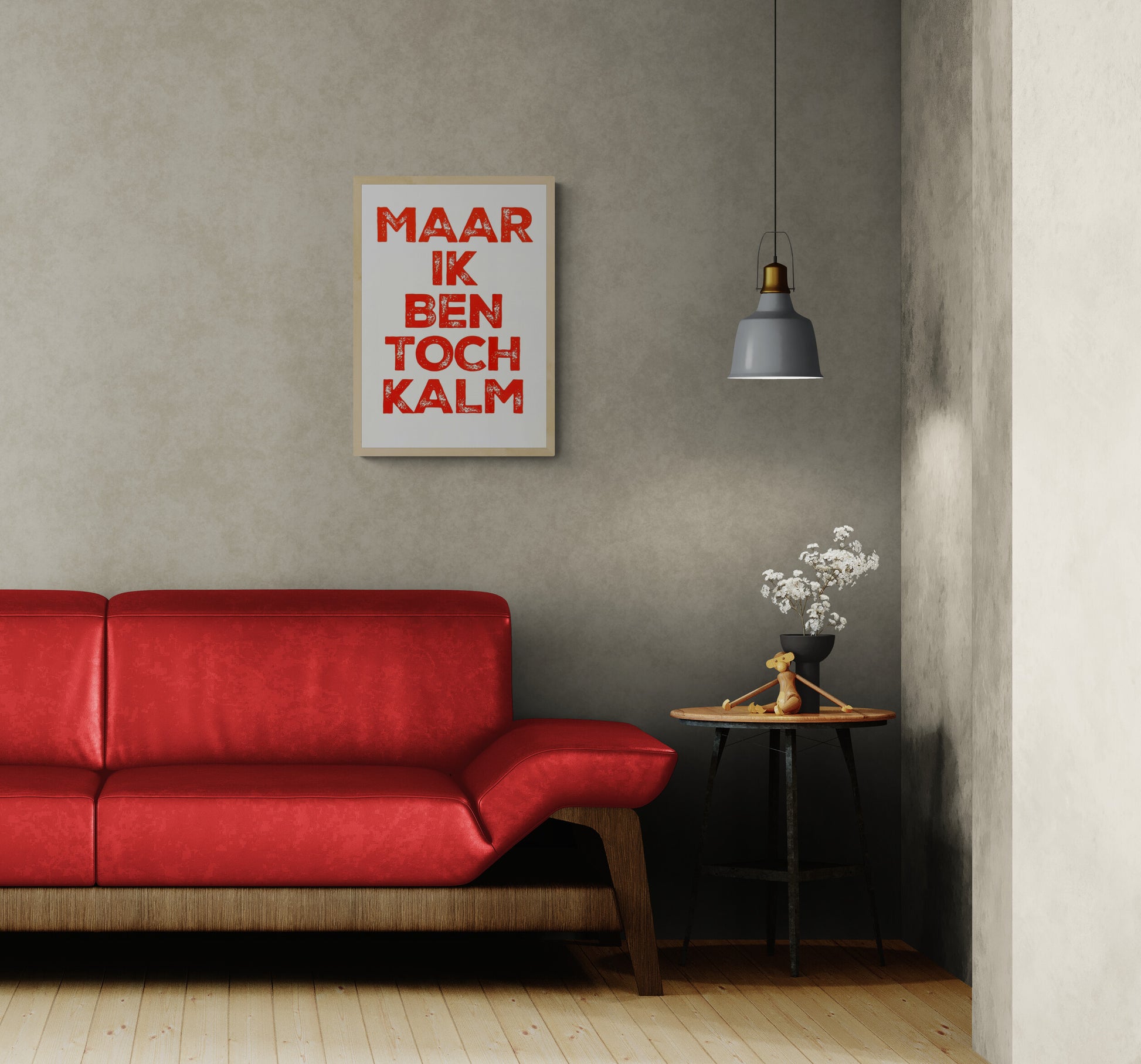 Hand-pulled A3 screen print reading “Maar Ik Ben Toch Kalm” in red typography, printed with layered inks on white paper, contemporary Belgian graphic wall art.