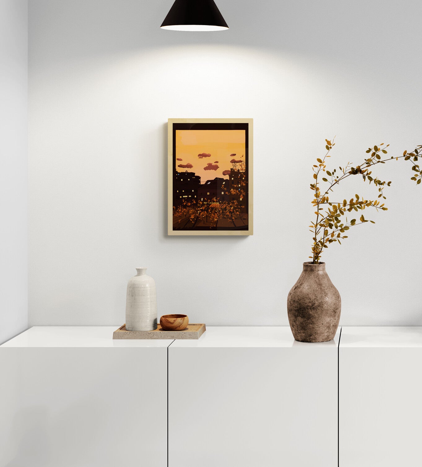 Autumn at the Groenplaats fine art giclée print by Valeria Maggiani, warm sunset cityscape illustration of Antwerp with glowing windows, autumn trees and cozy urban atmosphere, A4 cotton paper wall art for modern home decor.