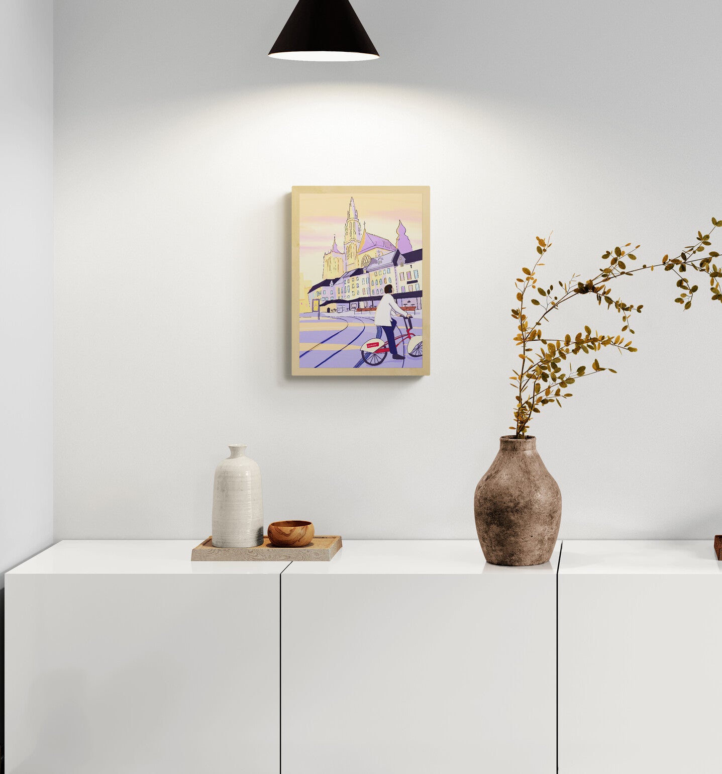 A4 Fine Art Giclée print “Bike Rides and a Little Sun” by Valeria Maggiani featuring Antwerp Cathedral and a rider on the official Antwerp Velo bike at sunset, contemporary European city illustration printed on 100% cotton 310 gsm textured paper with archival pigment inks.