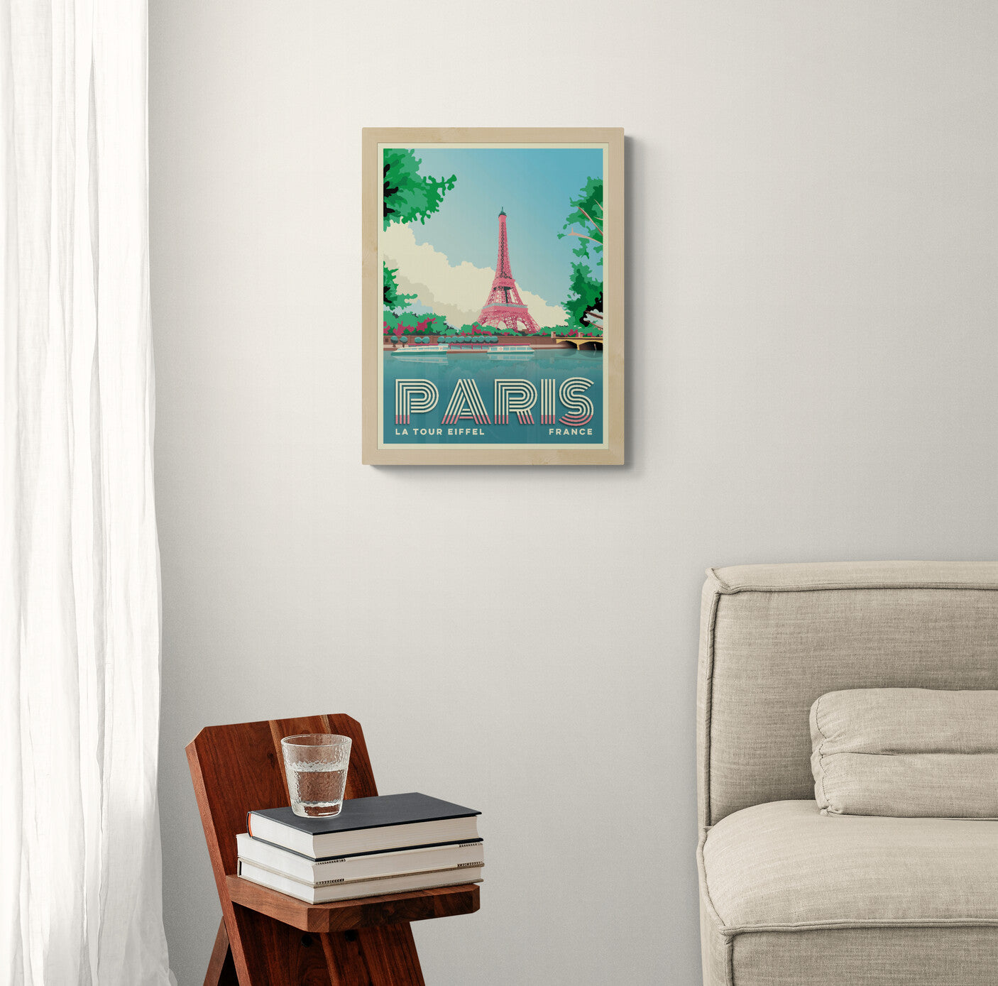 Paris Eiffel Tower travel poster by Studio Frits featuring the Seine river and iconic Paris landmark in colorful retro style wall art