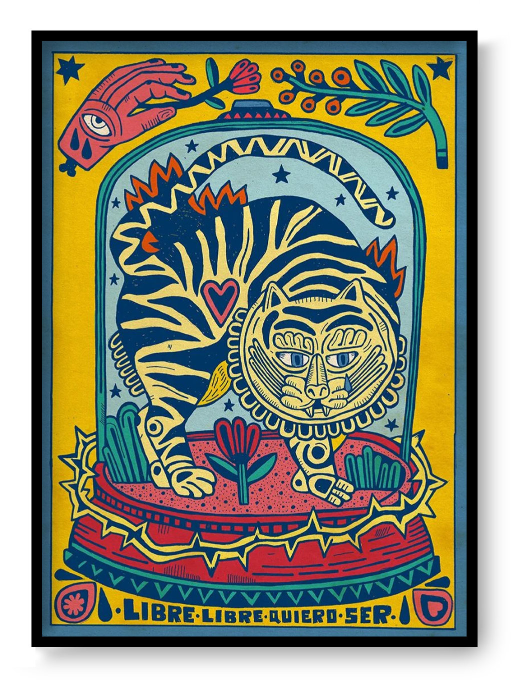 Colorful A3 digital art print titled “Libre, libre quiero ser” by Asis Percales featuring a stylized tiger with bold tattoo-inspired lines, folk symbolism, bright yellow, red and blue tones, contemporary statement wall art.