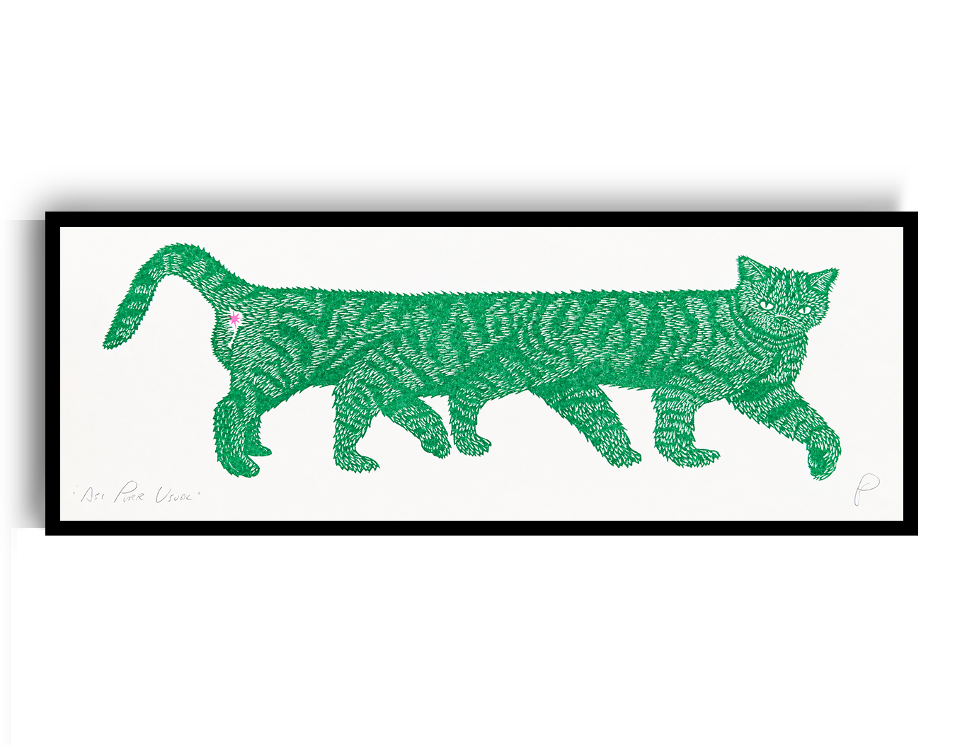 Horizontal risograph illustration of an unusually long green striped cat with a small pink detail, printed on white paper. Playful contemporary wall art for quirky interiors and cat lovers.