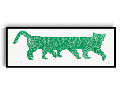 Horizontal risograph illustration of an unusually long green striped cat with a small pink detail, printed on white paper. Playful contemporary wall art for quirky interiors and cat lovers.