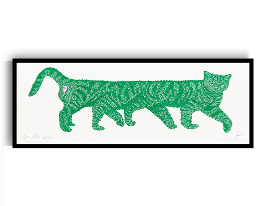 Horizontal risograph illustration of an unusually long green striped cat with a small pink detail, printed on white paper. Playful contemporary wall art for quirky interiors and cat lovers.