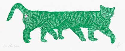 Horizontal risograph illustration of an unusually long green striped cat with a small pink detail, printed on white paper. Playful contemporary wall art for quirky interiors and cat lovers.