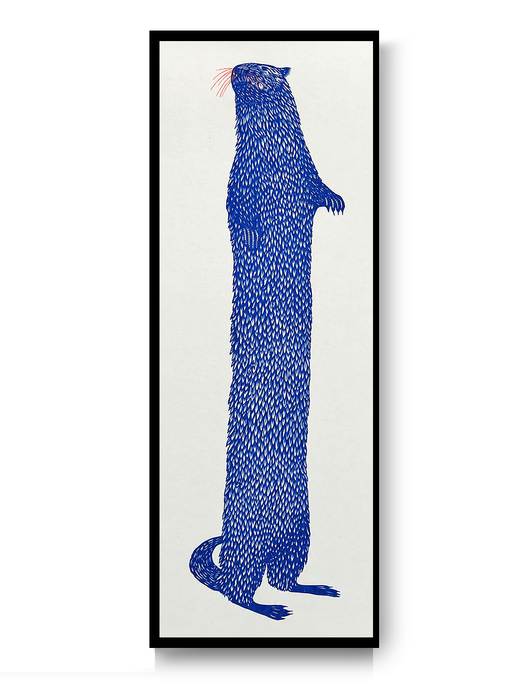 Tall blue otter illustration by Strangford, printed as a risograph on recycled paper in a narrow vertical format, playful wall art for quirky modern home decor.