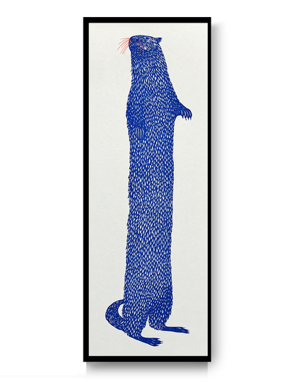 Tall blue otter illustration by Strangford, printed as a risograph on recycled paper in a narrow vertical format, playful wall art for quirky modern home decor.