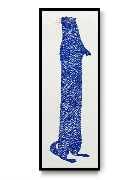 Tall blue otter illustration by Strangford, printed as a risograph on recycled paper in a narrow vertical format, playful wall art for quirky modern home decor.