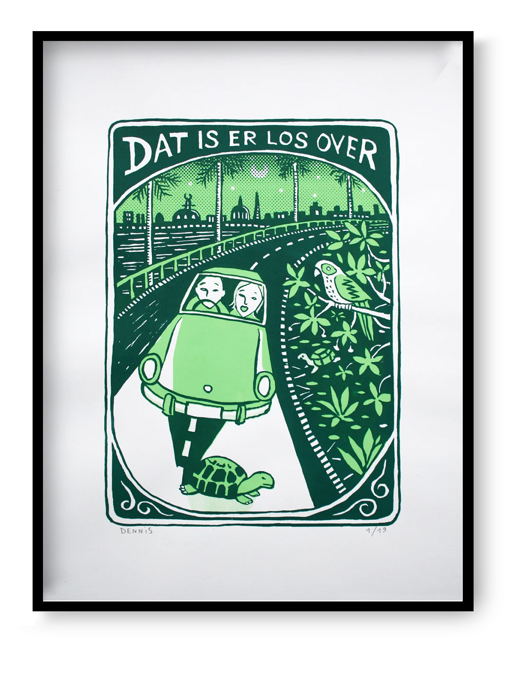 Green humorous screen print showing a car driving over a turtle at night with a city skyline in the background, limited edition illustration by Dennis Dellaert, 30 x 40 cm wall art.