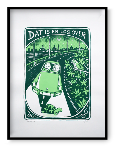 Green humorous screen print showing a car driving over a turtle at night with a city skyline in the background, limited edition illustration by Dennis Dellaert, 30 x 40 cm wall art.