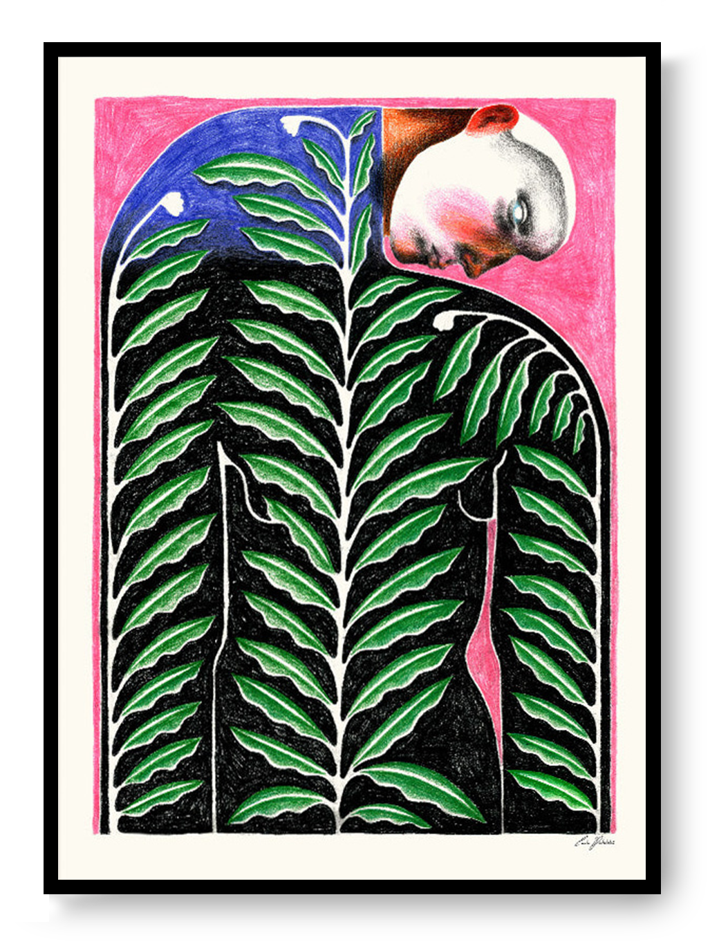 Love Grows by Carla Petelski, contemporary digital art print featuring a surreal human figure covered in green botanical leaves against a vivid pink background, expressive symbolic wall art for modern interiors