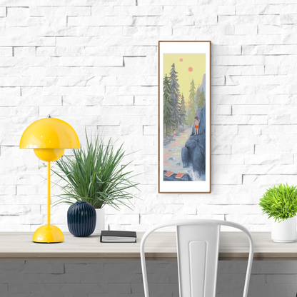 Magic Realism giclée art print by Willy Leung in vertical format showing a forest river scene with children and a dreamlike atmosphere, printed on fine art paper.
