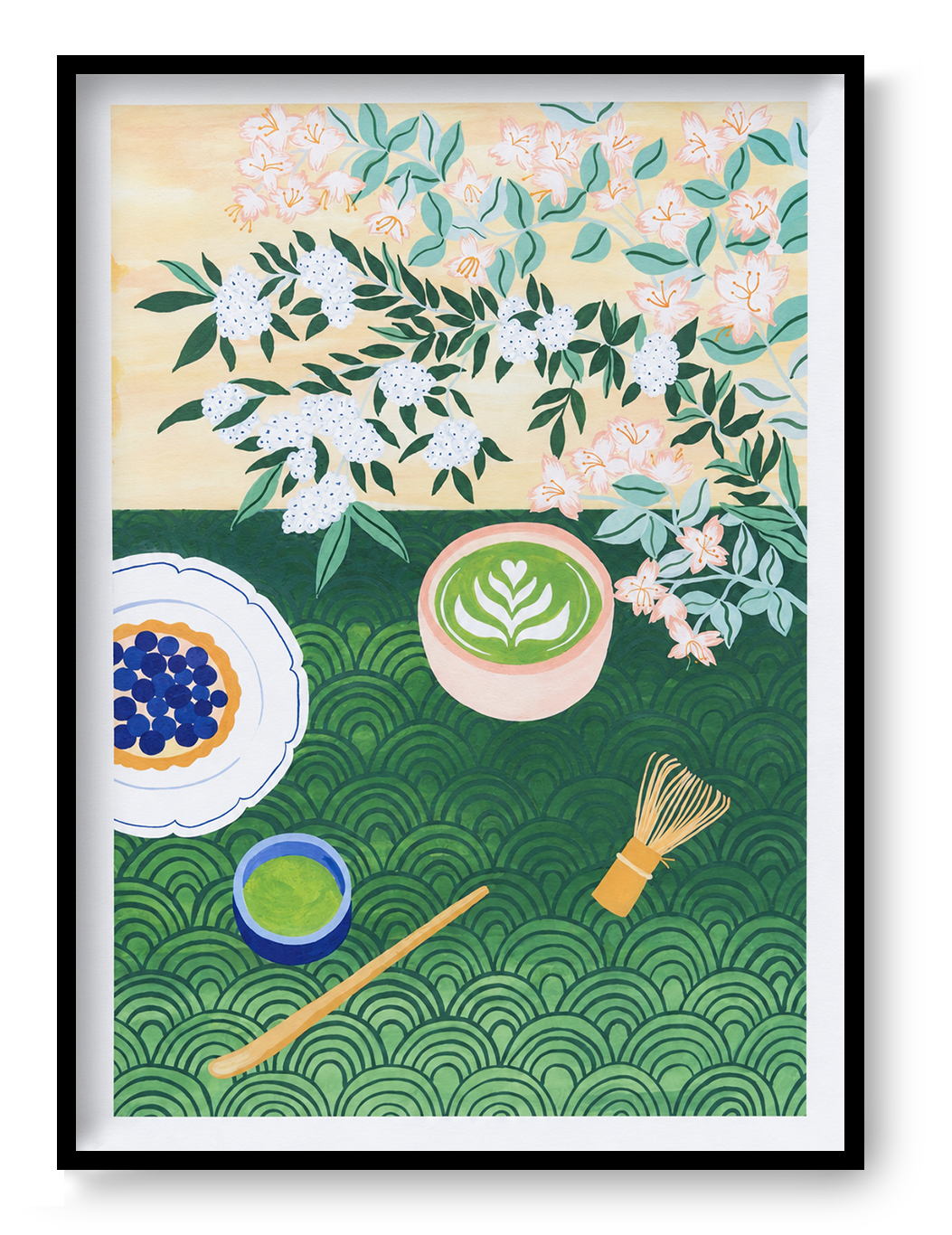 A3 art print "Matcha Time" by Leens featuring a flat-lay composition with a matcha latte in a ceramic bowl, bamboo whisk, green tea cup, tart with blueberries, floral branches, and Japanese wave patterns. Perfect for tea lovers and kitchen decor.