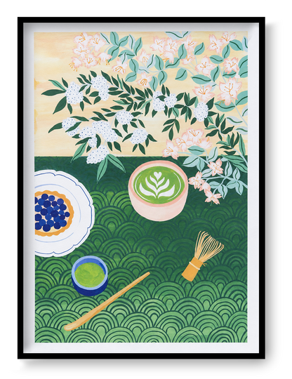 A3 art print "Matcha Time" by Leens featuring a flat-lay composition with a matcha latte in a ceramic bowl, bamboo whisk, green tea cup, tart with blueberries, floral branches, and Japanese wave patterns. Perfect for tea lovers and kitchen decor.