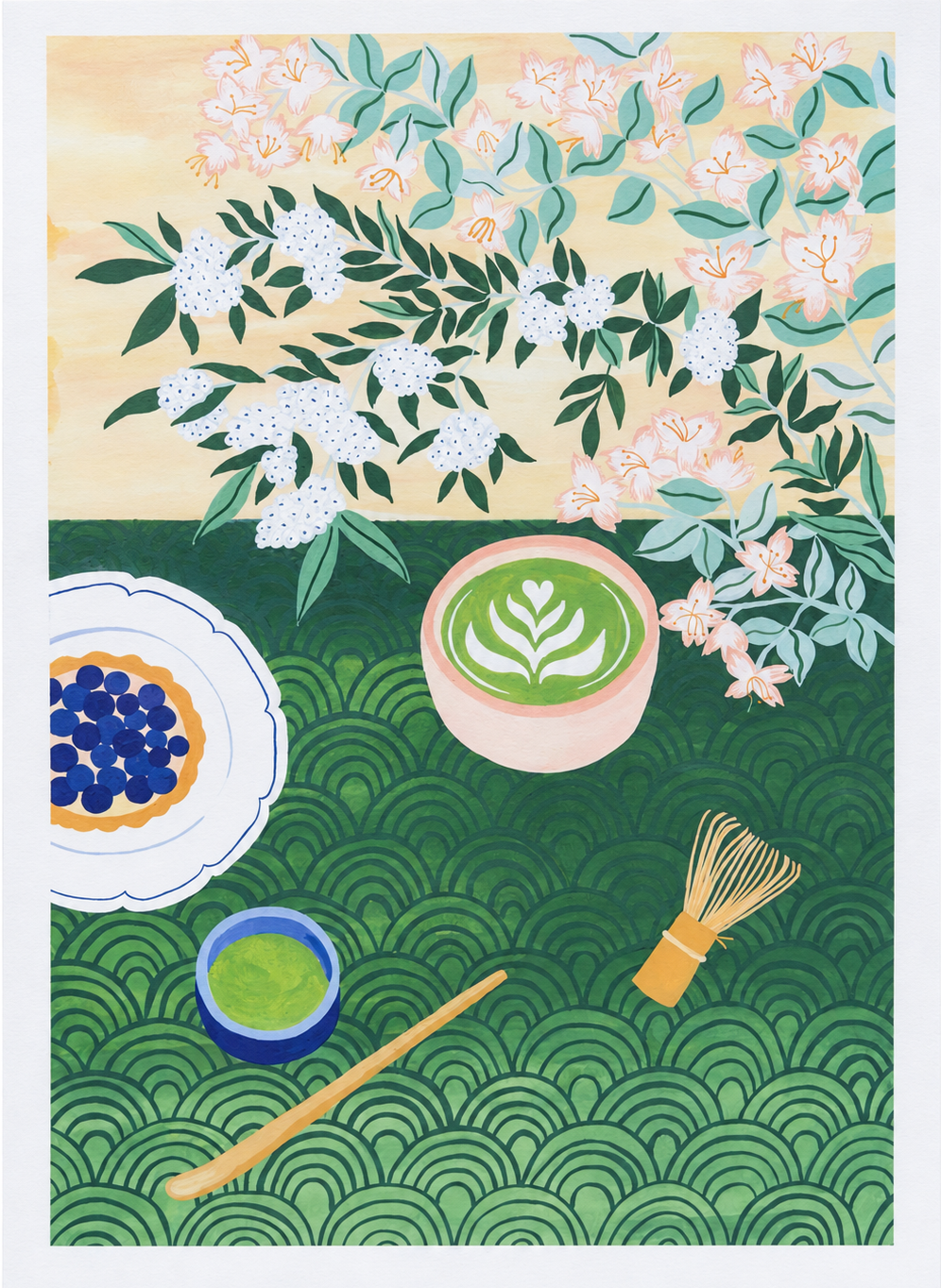 A3 art print "Matcha Time" by Leens featuring a flat-lay composition with a matcha latte in a ceramic bowl, bamboo whisk, green tea cup, tart with blueberries, floral branches, and Japanese wave patterns. Perfect for tea lovers and kitchen decor.