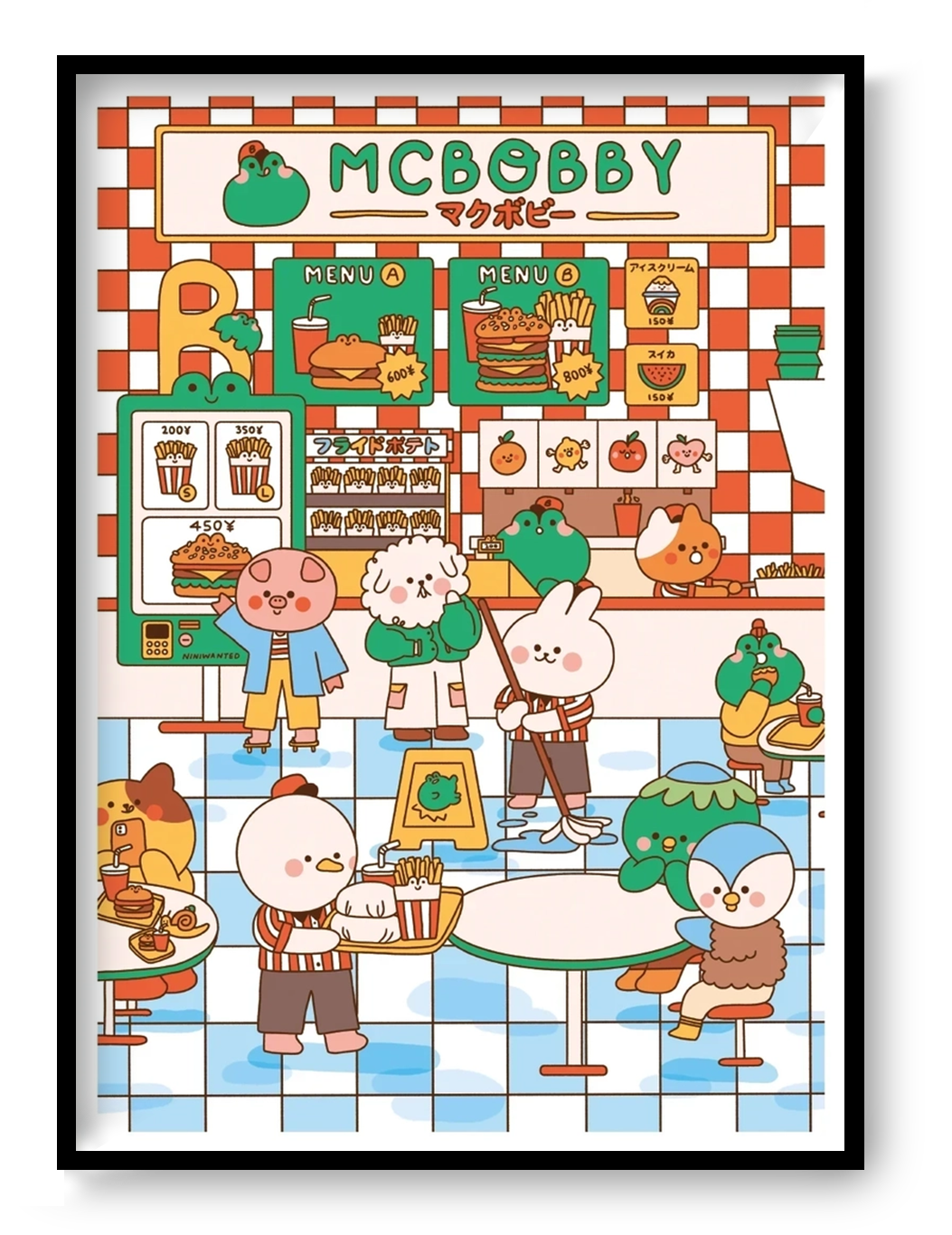 Mcbobby by Niniwanted, colorful A4 digital art print showing cute cartoon animals in a Japanese fast-food restaurant with burgers, fries, orange checkerboard walls and pastel blue flooring. Kawaii kitchen wall art.
