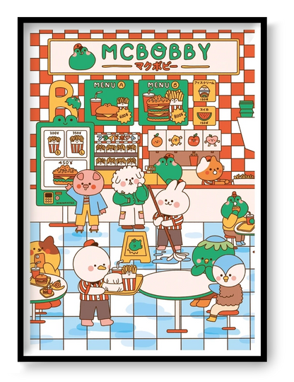 Mcbobby by Niniwanted, colorful A4 digital art print showing cute cartoon animals in a Japanese fast-food restaurant with burgers, fries, orange checkerboard walls and pastel blue flooring. Kawaii kitchen wall art.