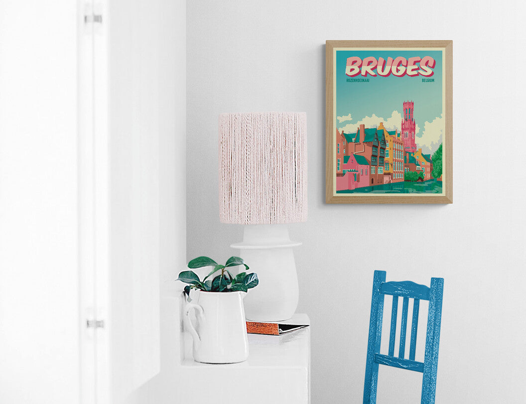 Bruges Rozenhoedkaai poster by Studio Frits showing iconic canal houses and Belfry tower in Bruges Belgium, colorful travel wall art for home or office decor