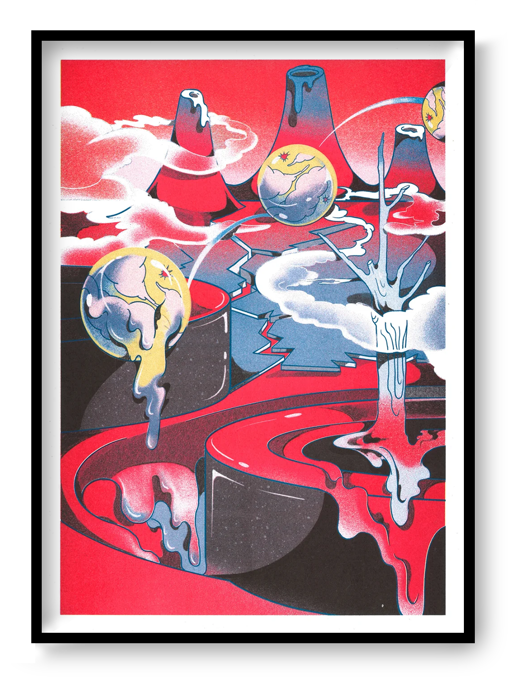 Melting Land Night risograph print by Beya Panicha featuring surreal melting planets and dreamlike landscape with vibrant red and cosmic colors