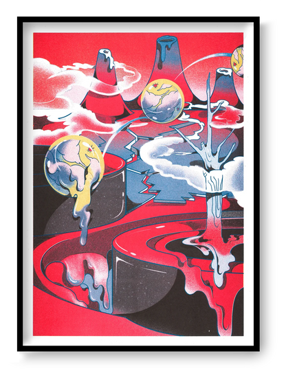 Melting Land Night risograph print by Beya Panicha featuring surreal melting planets and dreamlike landscape with vibrant red and cosmic colors