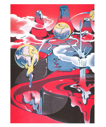 Melting Land Night risograph print by Beya Panicha featuring surreal melting planets and dreamlike landscape with vibrant red and cosmic colors