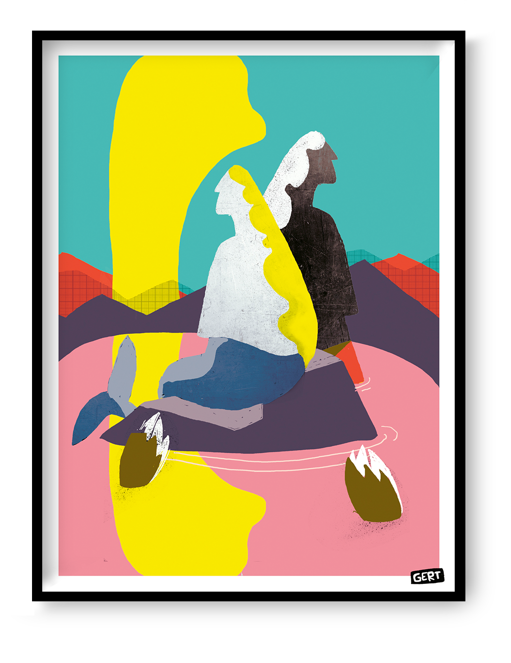 Mermaids 3 by Gert Paenen, colorful digital art print featuring abstract mermaid figures in a dreamlike landscape with bold yellow, turquoise, pink, purple, and coral tones, contemporary Belgian illustration for modern wall decor.