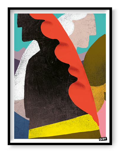 Mermaids 4 by Gert Paenen, colorful abstract digital art print featuring stylized mermaid-inspired forms in bold coral red, black, yellow, turquoise, and pastel tones, contemporary modern wall art for creative interiors and gallery walls.