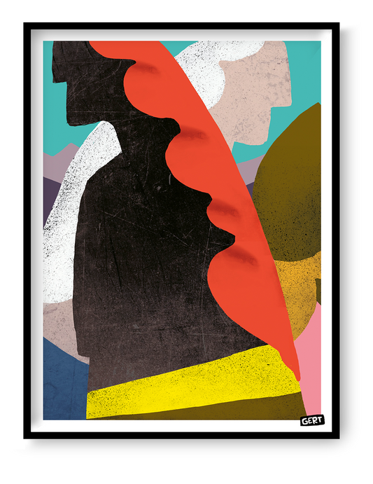 Mermaids 4 by Gert Paenen, colorful abstract digital art print featuring stylized mermaid-inspired forms in bold coral red, black, yellow, turquoise, and pastel tones, contemporary modern wall art for creative interiors and gallery walls.