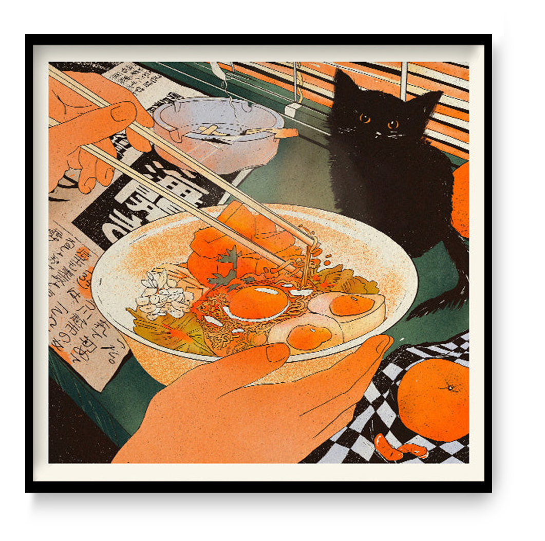 Midnight Noodles by Enikő Eged, 50 x 50 cm archival giclée art print featuring a cozy noodle bowl scene with a black cat, warm orange tones, and Japanese-inspired details.