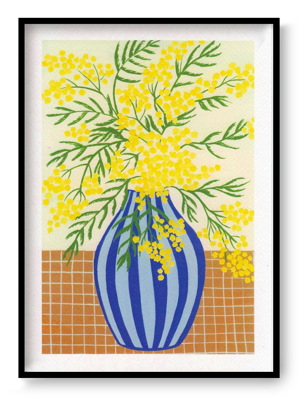 Mimosa flower art print by Leens featuring yellow mimosa bouquet in blue striped vase, cheerful botanical wall art for home decor