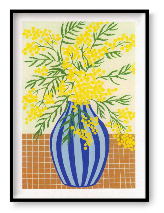 Mimosa flower art print by Leens featuring yellow mimosa bouquet in blue striped vase, cheerful botanical wall art for home decor
