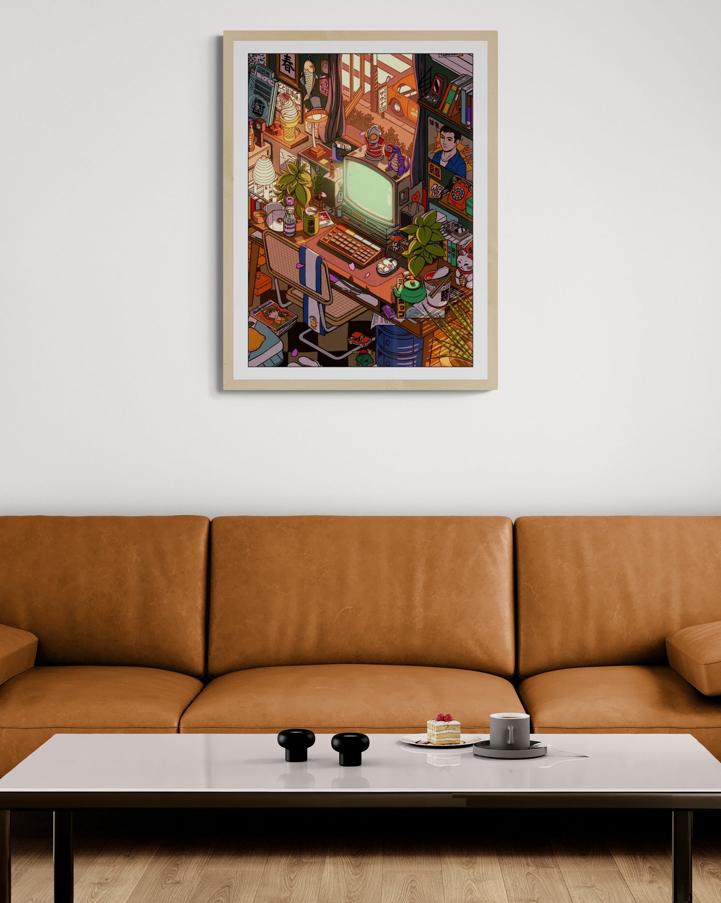 Retro Japanese workspace illustration with vintage computer, manga books, plants and warm sunset light, detailed cozy room wall art print by Paiheme Studio in 50 x 70 cm format.