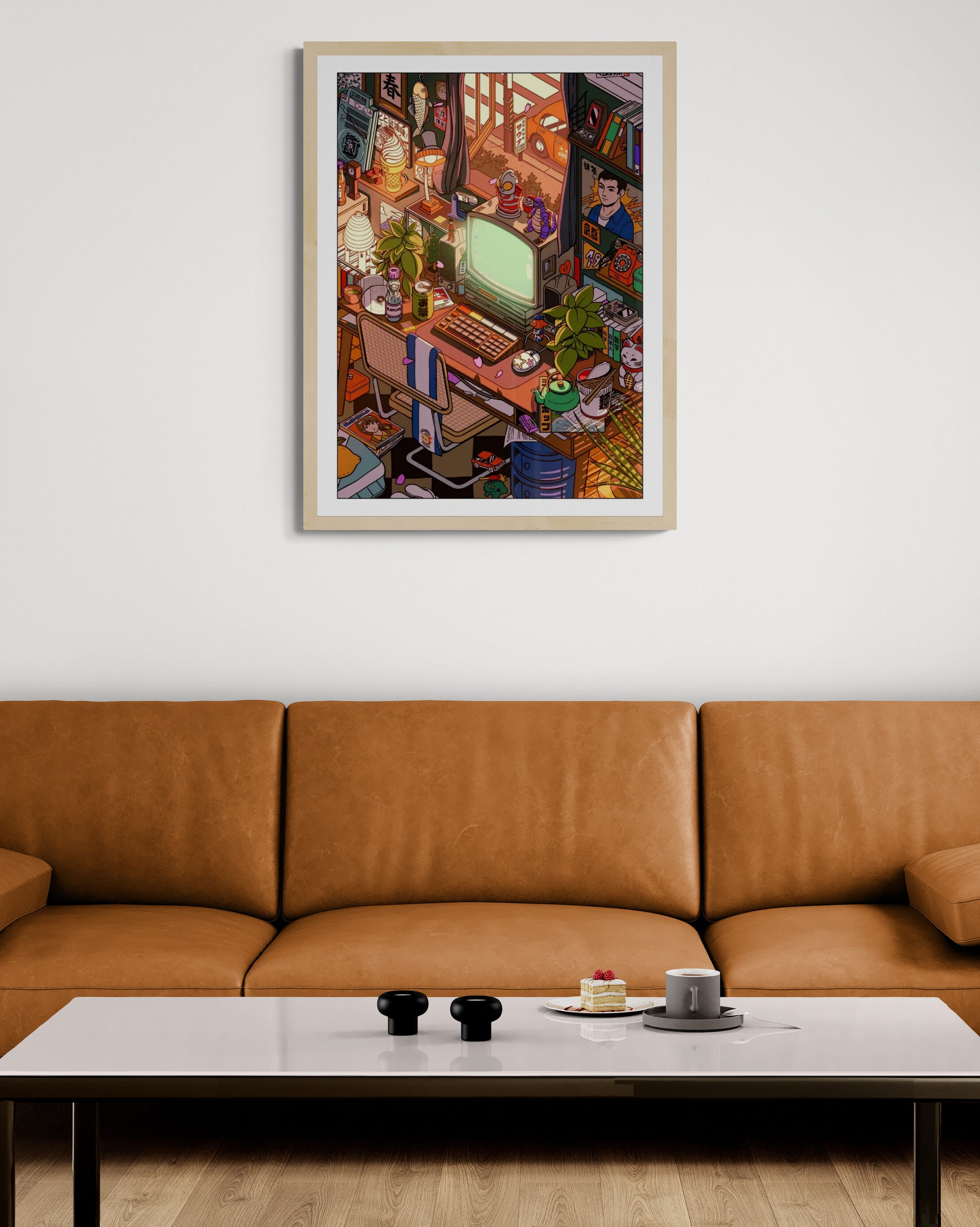 Retro Japanese workspace illustration with vintage computer, manga books, plants and warm sunset light, detailed cozy room wall art print by Paiheme Studio in 50 x 70 cm format.
