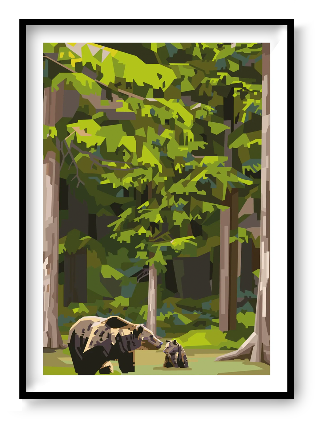 Momma Bear by Floor 4 Productions, limited edition A3 woodland art print featuring a mother bear and cub in a peaceful green forest scene.