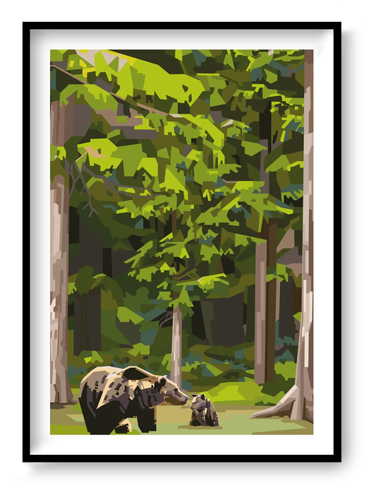 Momma Bear by Floor 4 Productions, limited edition A3 woodland art print featuring a mother bear and cub in a peaceful green forest scene.
