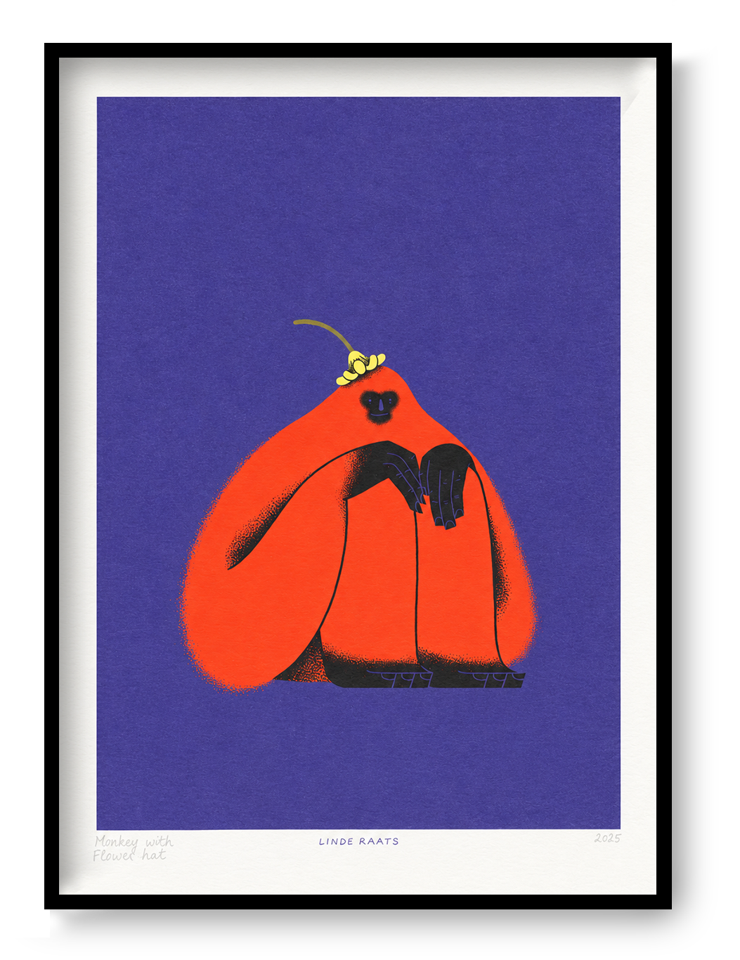 A4 vertical giclée art print by Linde Raats featuring a bright orange monkey with black hands and a small yellow flower hat against a deep purple background. Playful contemporary animal illustration for colourful wall decor.