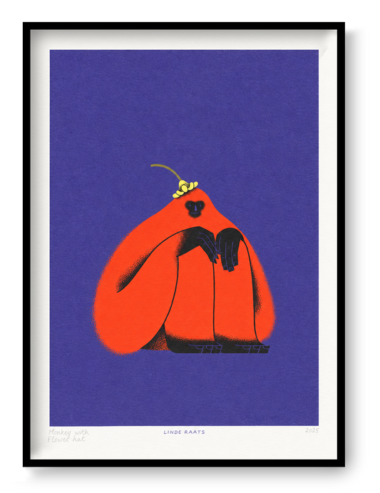 A4 vertical giclée art print by Linde Raats featuring a bright orange monkey with black hands and a small yellow flower hat against a deep purple background. Playful contemporary animal illustration for colourful wall decor.