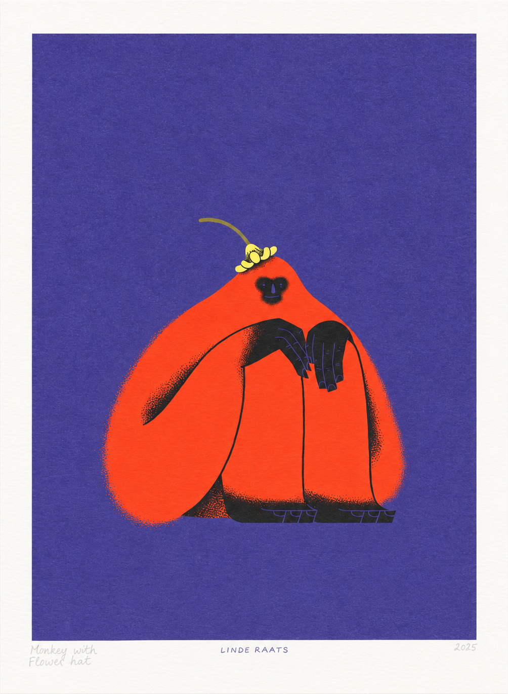 A4 vertical giclée art print by Linde Raats featuring a bright orange monkey with black hands and a small yellow flower hat against a deep purple background. Playful contemporary animal illustration for colourful wall decor.