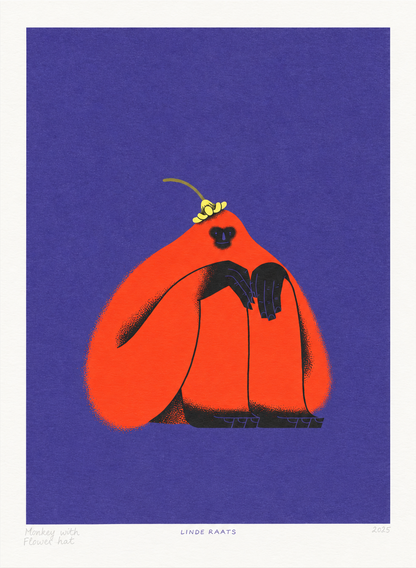 A4 vertical giclée art print by Linde Raats featuring a bright orange monkey with black hands and a small yellow flower hat against a deep purple background. Playful contemporary animal illustration for colourful wall decor.