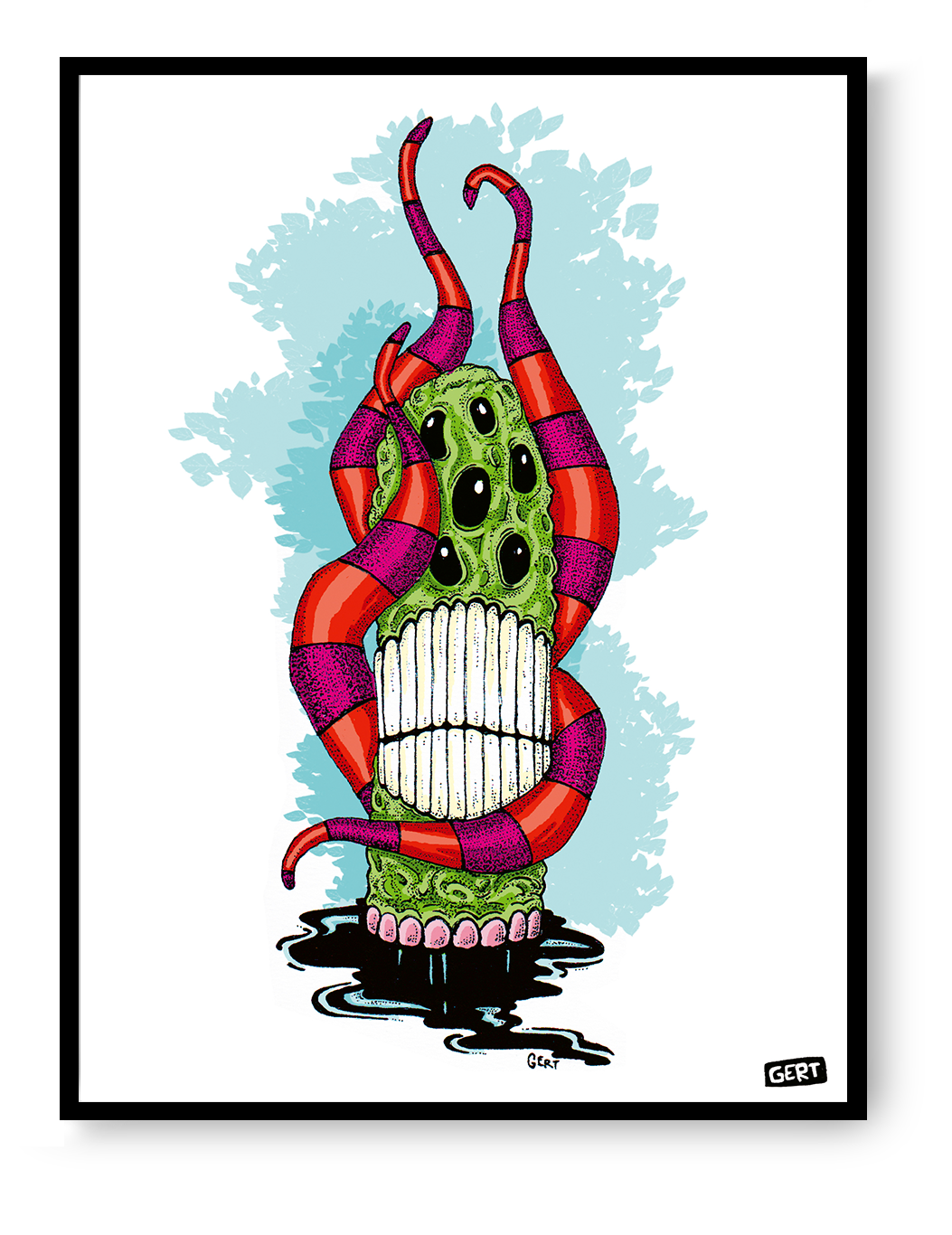 Monster 4 by Gert Paenen, surreal monster illustration with multiple eyes, striped tentacles, large teeth and vibrant colors, contemporary digital art print for modern wall decor and creative interiors.
