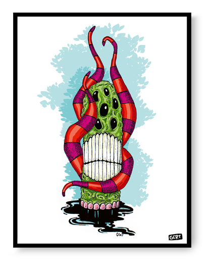 Monster 4 by Gert Paenen, surreal monster illustration with multiple eyes, striped tentacles, large teeth and vibrant colors, contemporary digital art print for modern wall decor and creative interiors.