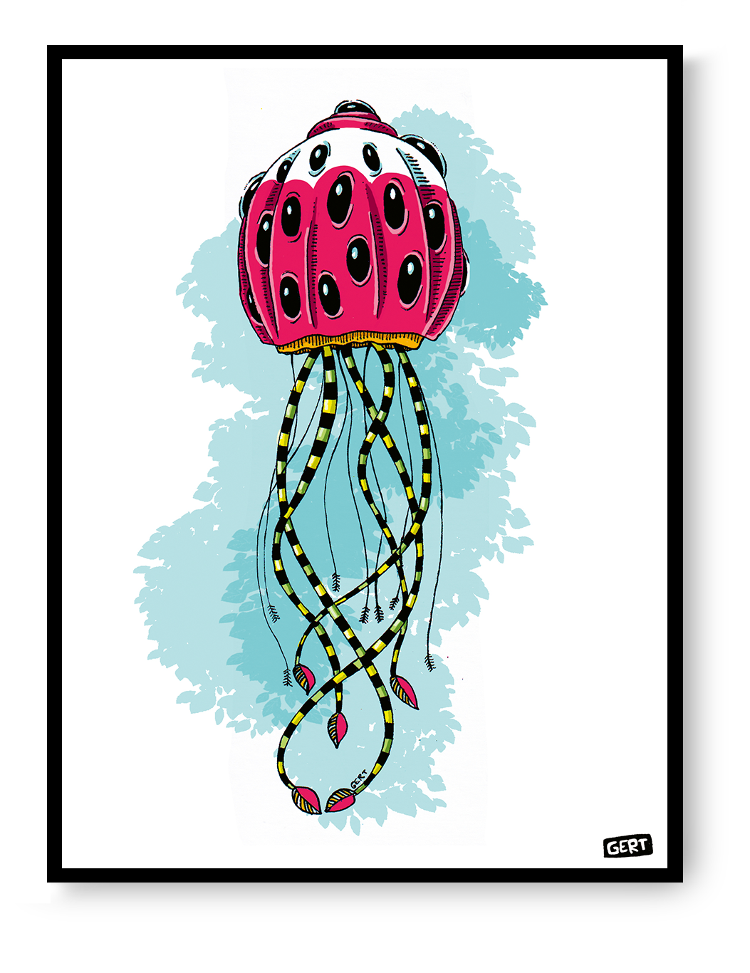 Monster 1 by Gert Paenen digital art print featuring a whimsical pink creature with multiple eyes, long striped tentacles, and surreal organic details, contemporary Belgian illustration for colorful modern wall decor.