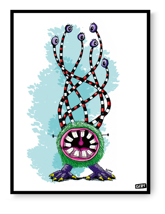 Monster 2 by Gert Paenen, colorful monster art print featuring a furry green creature with a large mouth, striped eyestalks, multiple purple eyes, and playful fantasy character design on a light blue background, contemporary Belgian illustration wall art.