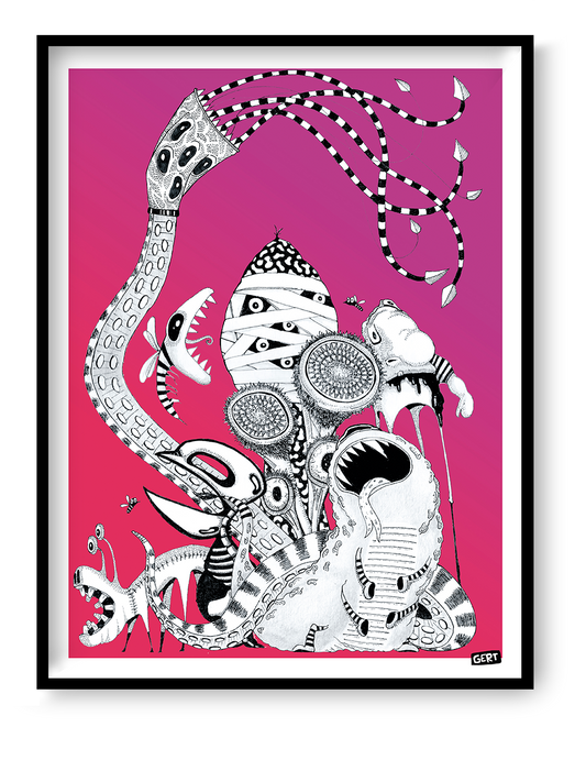 Monster Party by Gert Paenen, surreal black and white monster illustration on a bright pink background featuring strange creatures, abstract faces, tentacles, and playful contemporary graphic art.