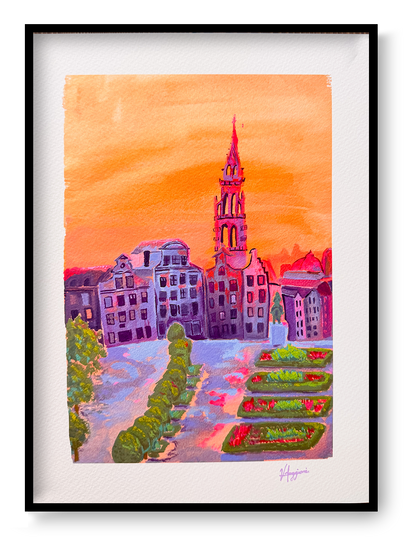 Colorful illustration of Mont des Arts in Brussels at sunset with historic buildings, garden terraces, and warm orange sky, fine art giclée print on textured cotton paper.