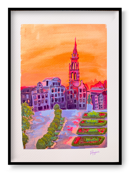 Colorful illustration of Mont des Arts in Brussels at sunset with historic buildings, garden terraces, and warm orange sky, fine art giclée print on textured cotton paper.
