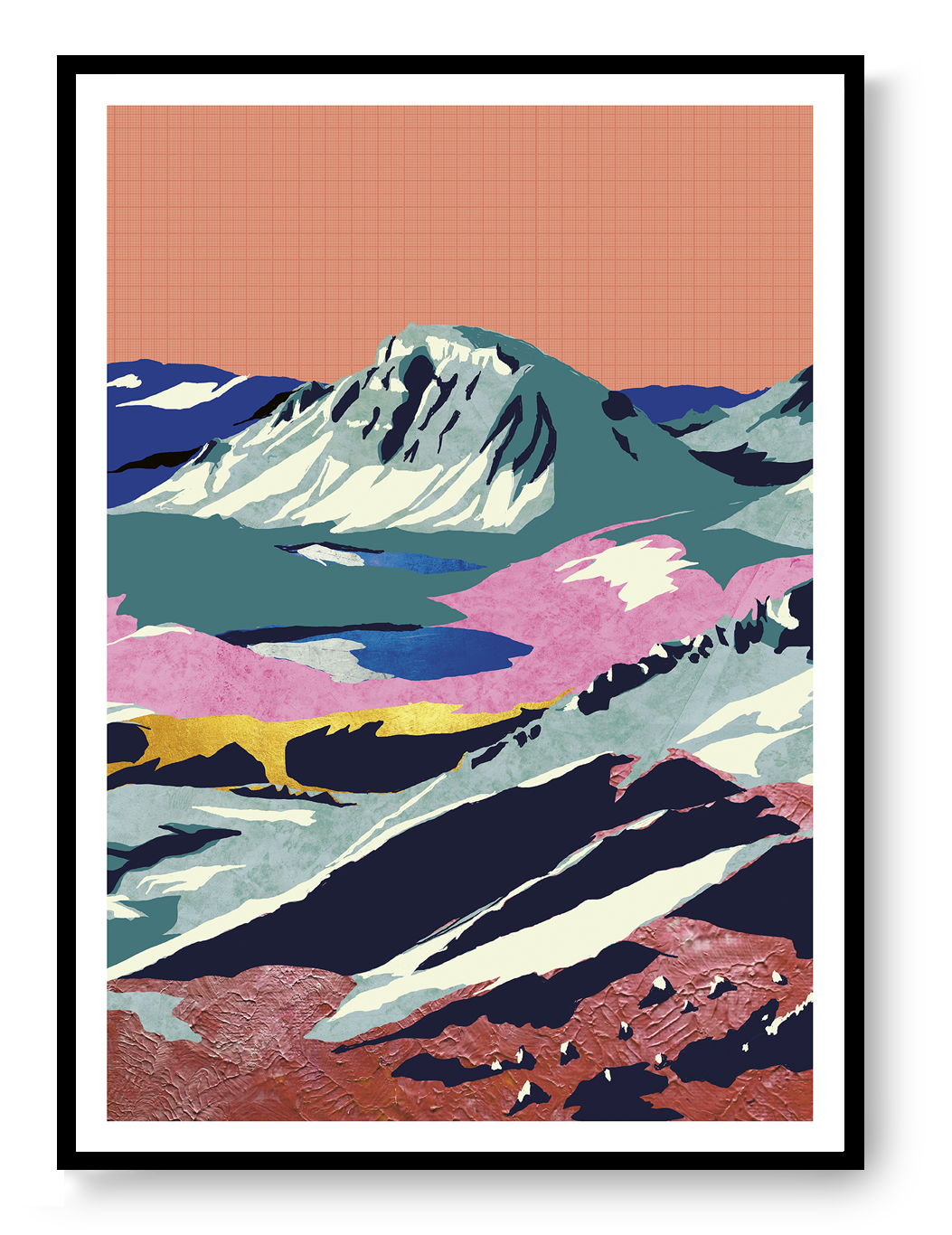 Large contemporary digital collage art print inspired by the Swiss Alps, featuring layered mountain landscapes, vibrant colors, textured surfaces, and abstract forms by Belgian illustrator Gert Paenen.