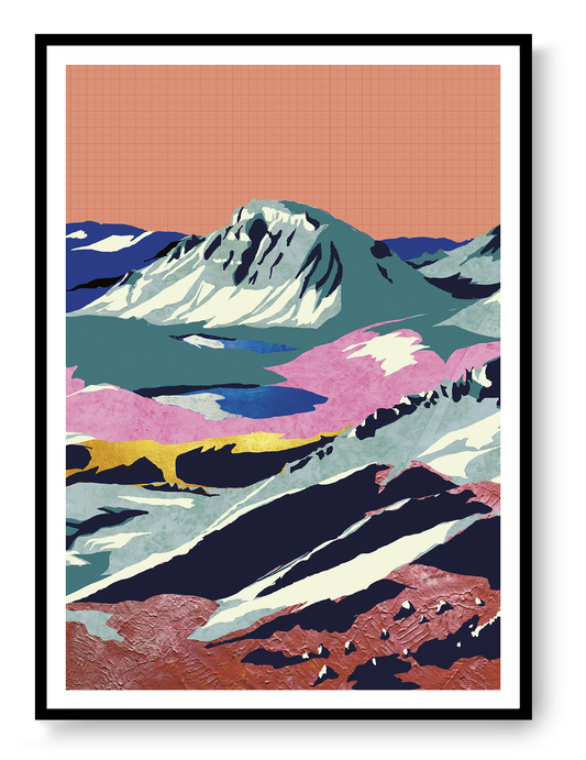 Large contemporary digital collage art print inspired by the Swiss Alps, featuring layered mountain landscapes, vibrant colors, textured surfaces, and abstract forms by Belgian illustrator Gert Paenen.