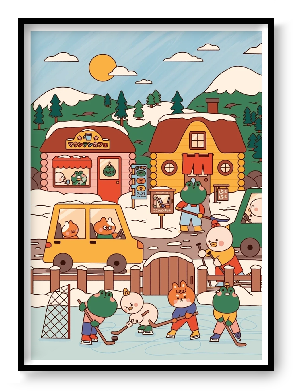 Mountain Village by Niniwanted, a colorful vertical digital art print of cute animal characters playing ice hockey in a snowy Japanese-inspired village, with cozy cabins, pine trees, and mountains.